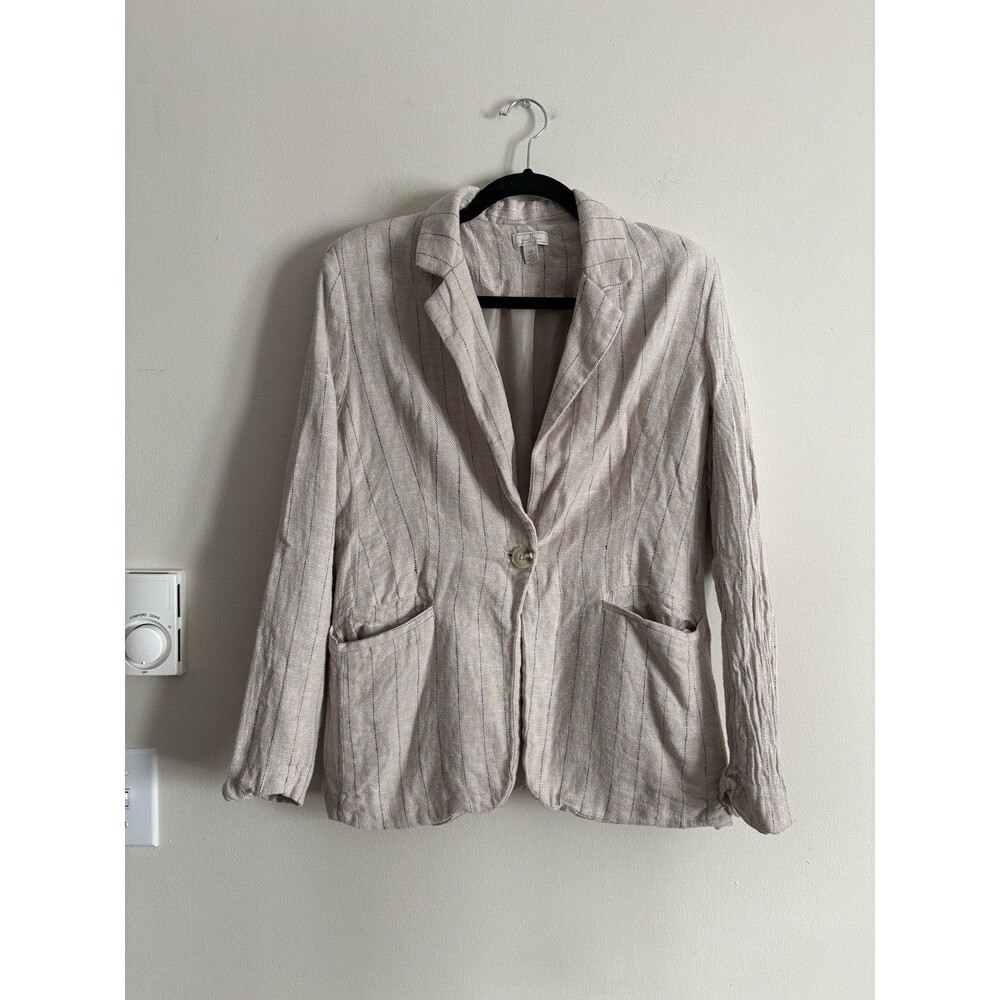 LL Bean Signature Womens Large‎ Blazer Jacket Linen Blend Pinstripe Beige Navy